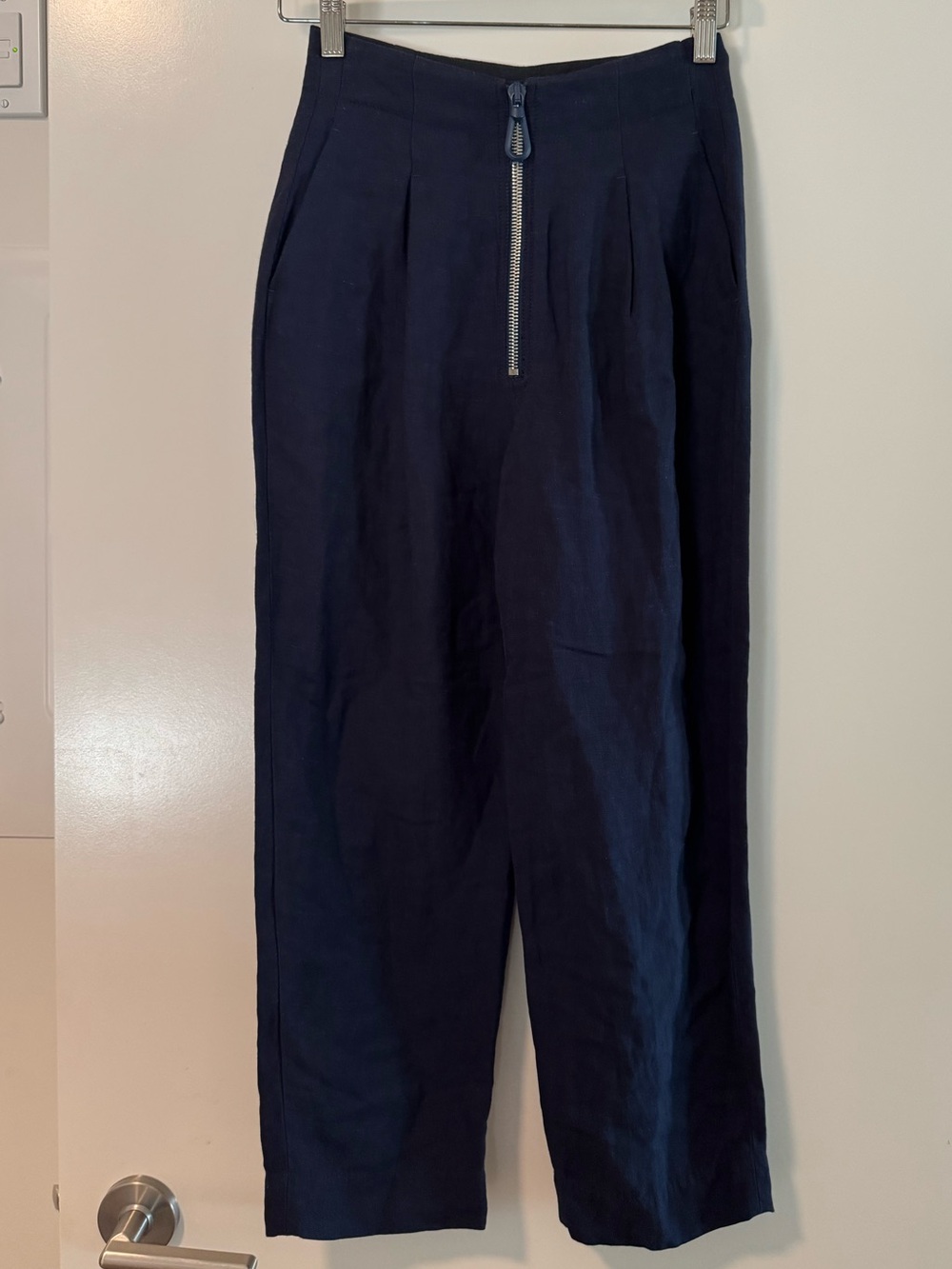Sandro Paris Navy High Waisted Zip Front Trousers Size 34